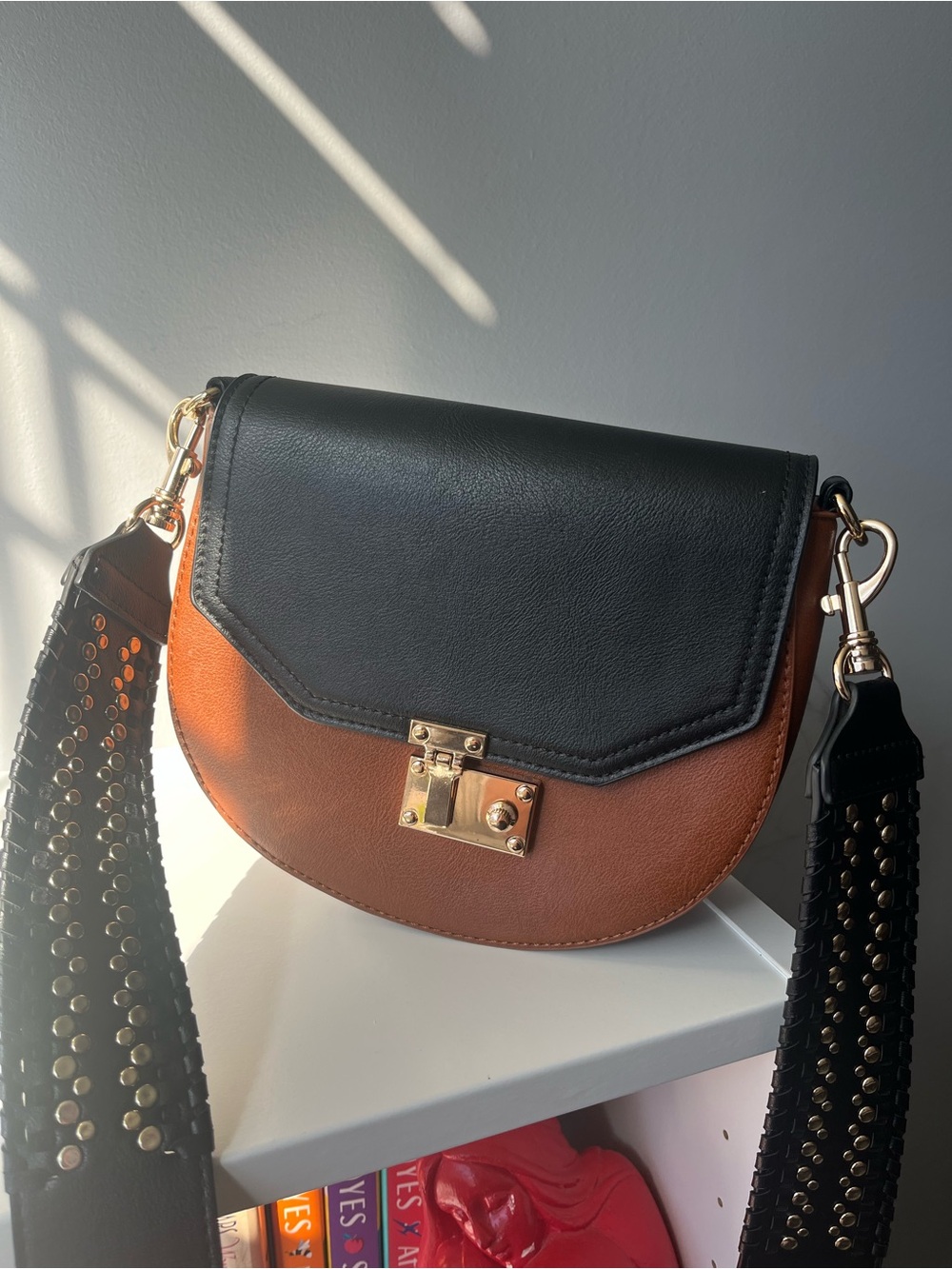 Two-Tone Black and Brown Women’s Crossbody Bag with Gold Hardware